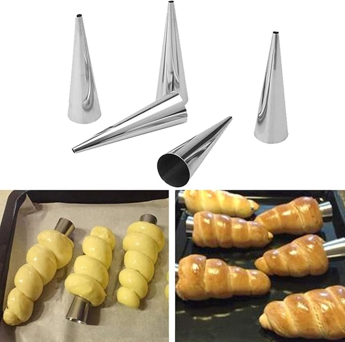 Joyeee 10 Pieces Pastry Cream Horn Molds, Stainless Steel Cannoli Tubes Puff Waffle Cone Pastry Roll Horn, 5 Inch Large Size Croissant Mold Brioche Pans Kitchen Baking Tool, Pastry Baking Molds