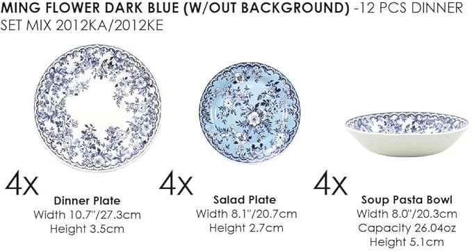 TUDOR ROYAL 12-Piece Porcelain Round Dinnerware Set, Service for 4, MING FLOWER Design, Blue Floral, Plates Bowls Dishes, Premium Quality Tableware, Unique Pattern, Glossy