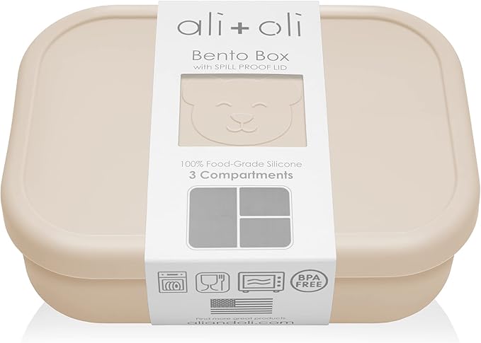 Ali+Oli Bundle, Silicone Pacifier Case (Chutney) Newborn Pacifier Holder, Travel Baby Pacifiers Silicone Pouch, Leak Proof Bento Box (Coconut) Food-Grade Silicone Bento Box