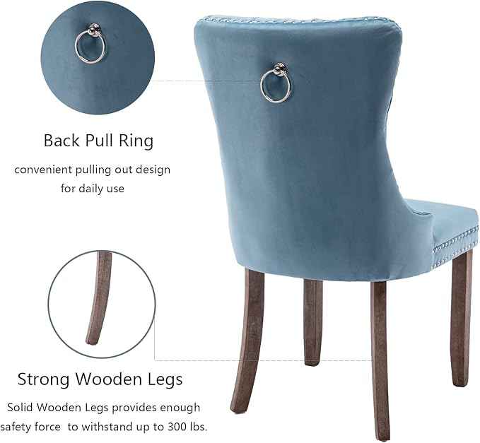 Upholstered Dining Chairs Set of 6, Velvet Dining Room Chairs with Back Ring Pull Trim and Solid Wood Legs, Tufted Wingback Kitchen Chair Perfect for Dining Room,Living Room,Kitchen(Light Blue)