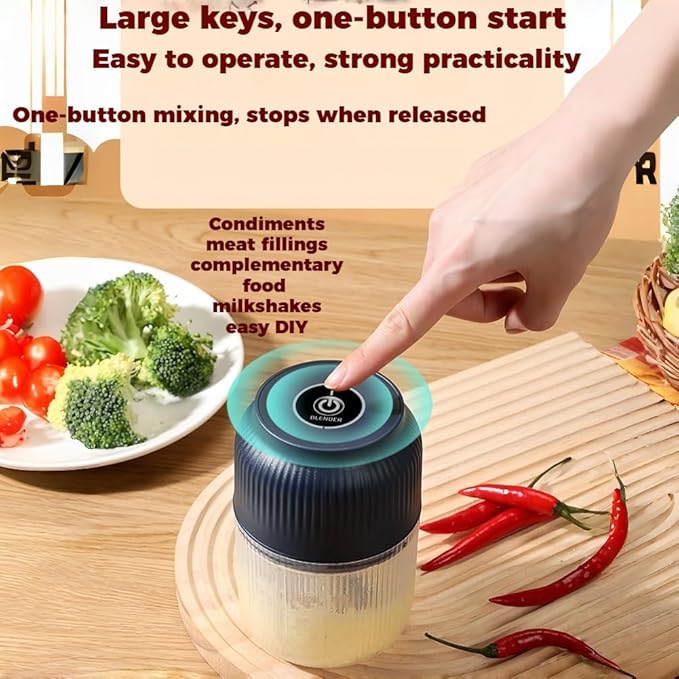 300ML USB Rechargeable Electric Garlic Chopper, Mini Portable Veggie Cutter with Eggbeater&4/6 Knife Heads, Veggie Chopper with Container and Lid, Vegetable Crusher (Blue B)