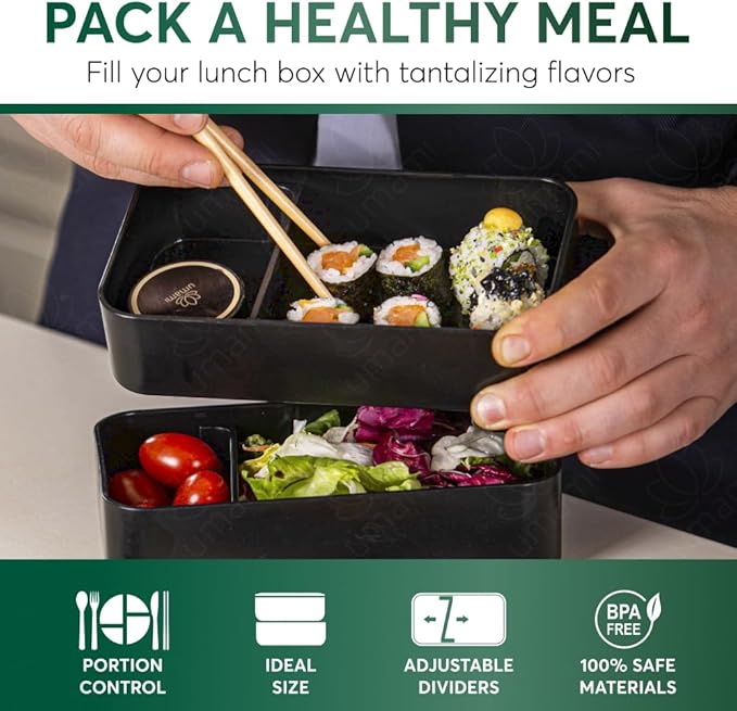 Umami Bento Box Adult All-in-1 w/ 4 Utensils, 100% Leakproof, Dishwasher & Microwave Safe Lunch Containers for Adults w/ 4 Compartments, Black & Gold, 40 oz