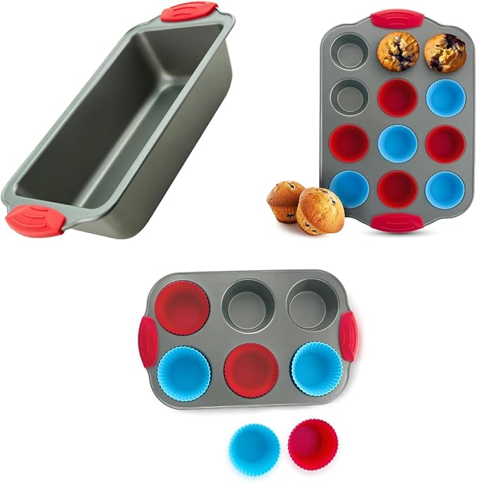 Premium Non-Stick Baking Set: Banana Bread Loaf Pan, 12 Cup Mini Muffin Pan with Silicone Liners, and Jumbo 6 Cup Muffin Pan - Professional Bakeware with Comfortable Silicone Handles