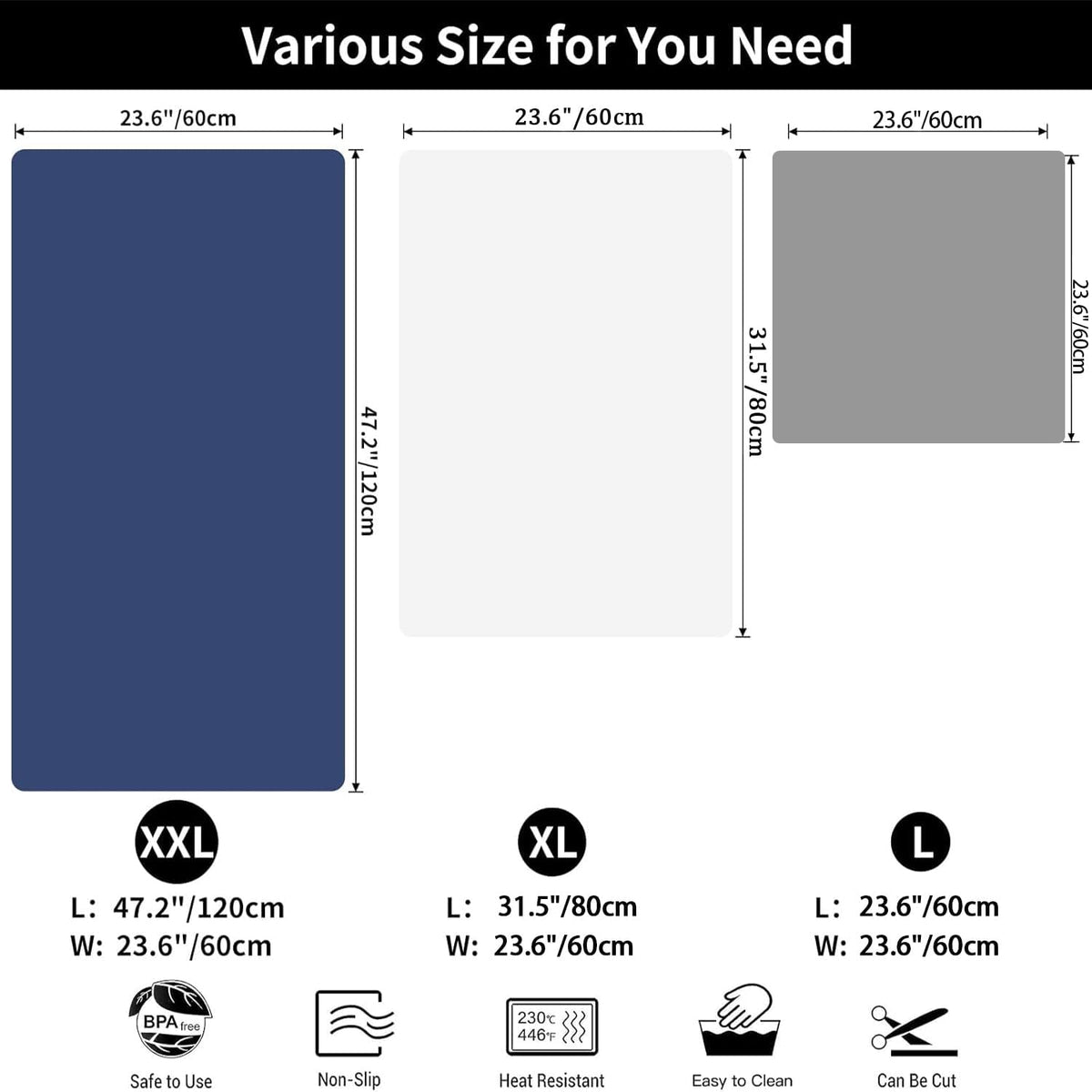 2MM Super Thick Large Silicone Mat, 23.6"x31.5", Non-Slip Heat Resistant, Thicken Kitchen Counter Mats, Waterproof Countertop Protector for Craft (Dark Grey)