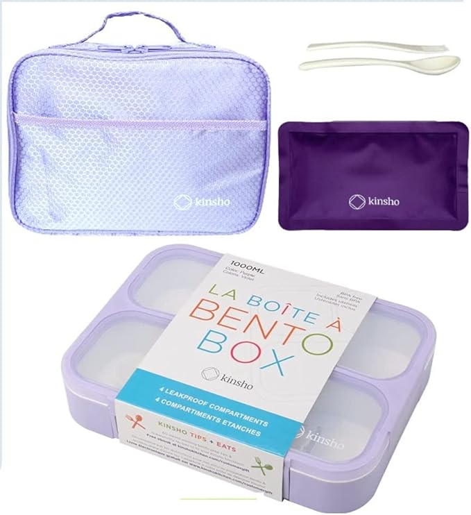 kinsho Lunch Boxes for Girls Teens Adults - Bento Box Set with Insulated Bag and Ice Pack, 4 Compartment Leak Proof Food Container, BPA-Free, Microwave Safe, Ideal for School & Work, Purple