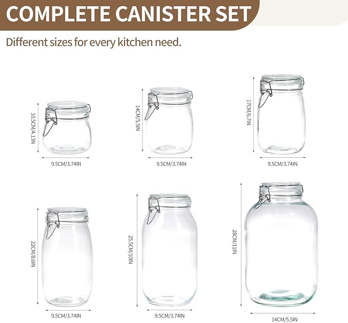 ODBCYWM 51oz Glass Food Storage Jars with Airtight Lids, Set of 3 – Clear Preserving Seal Wire Clip Fastening Canisters for Kitchen Canning, Flour, Cereal, Pasta, Sugar, Beans, Pickling Jars (51oz*3)