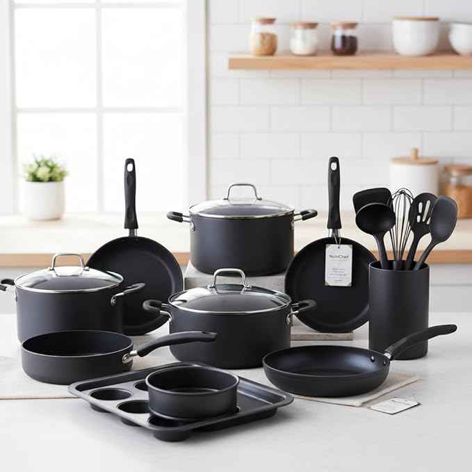 NutriChef Nonstick Cookware Set, 20-Piece Premium Kitchen Cookware Set with Pots, Pans, Bakeware & Utensils, Non Stick Pots and Pans Compatible with Gas, Electric, Ceramic & Induction Cooktops (Black)
