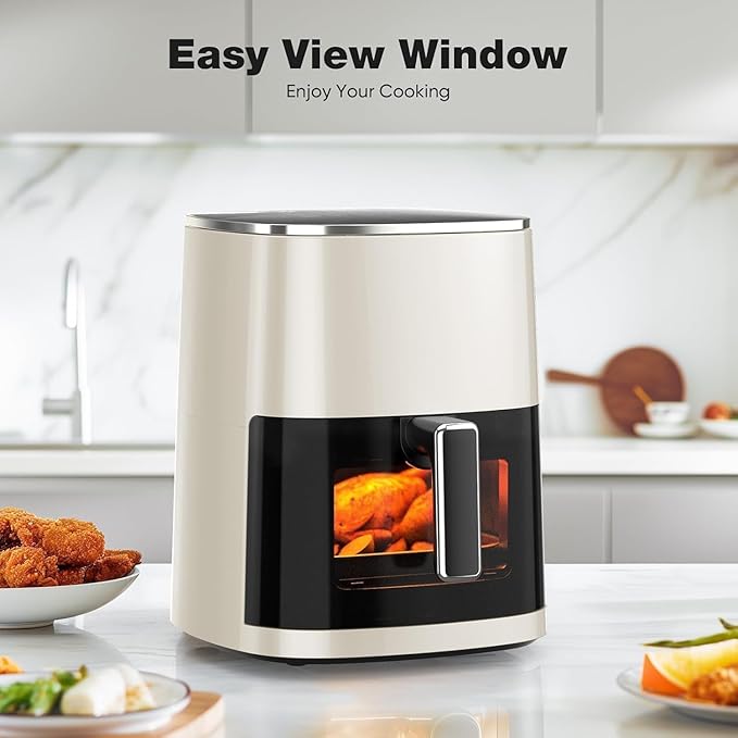 Hexago Air Fryer-6.34 QT Large Airfryer with Clear Window, 12-in-1 Air Fry, Roast, Reheat, Dehydrate, Bake, Steam with 400F, Touchscreen Controls, Beige