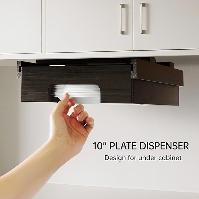 Bamboo Paper Plate Dispenser - 10 inch Wooden Paper Plate Dispenser Under Cabinet, Kitchen Countertop Vertical Plate Holder Organizer