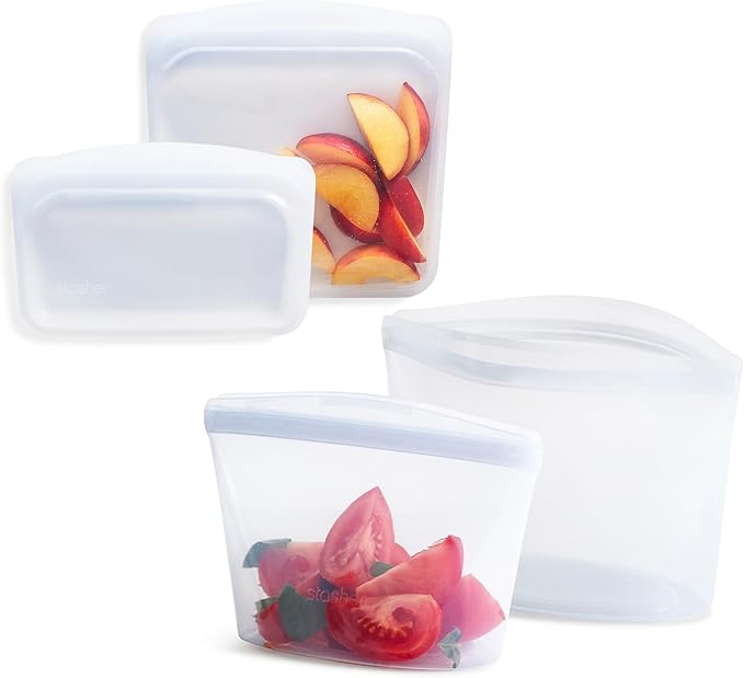 Stasher Silicone Reusable Food Storage Bags, 4-Pack, Reusable Freezer Bags, Microwave, Dishwasher, Oven Safe, Sous Vide, Premium Lunch Containers, Eco Friendly, Food-safe Silicone Snack Bag, Clear | Reusable Food Bags