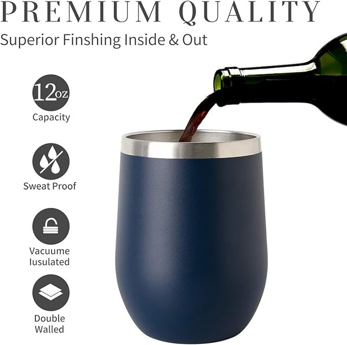 COMOOO Stainless Steel Wine Tumbler 4 Pack with Lid and Straw 12oz Double Wall Vacuum Insulated Wine GlassTumbler Cup for Hot and Cold Drinks, Coffee, Wine, Cocktails, Navy, 4 Pack