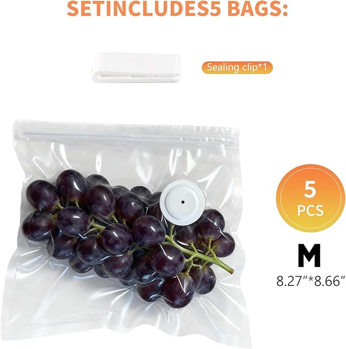 Vacuum Storage Bags Set, 5 Reusable BPA-Free Medium Food Vacuum Sealer Bags (8.26"x8.66"), Triple-Seal Leak-Resistant Design, Includes 1 Sealing Clip