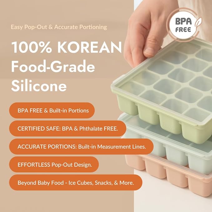 Baby Food Storage Silicone Cubes with Clip-On Lid Freezer Tray Baby Food Soups Purees Ice Safe Design Made in Korea(12cubes 1.5oz, Ocean Blue Set of 2)