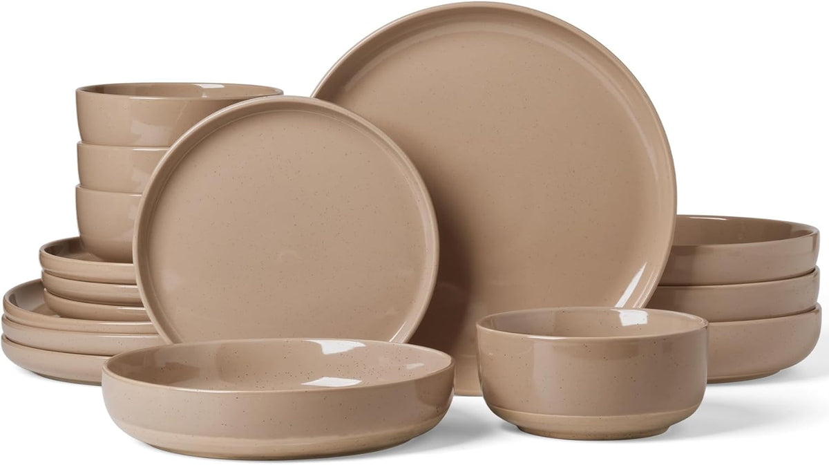 Famiware Milkyway Stoneware Dinnerware Sets with Pasta Bowls, Service for 4 (16 Pieces), Plates and Bowls Sets -Scratch Resistant, Microwave and Dishwasher Safe Dishes Set, Cinnamon Brown