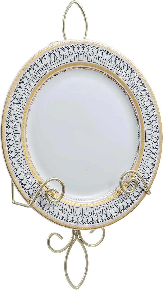 MyGift Wall Mounted Brass Tone Metal Wire Vertical Collectible Plate Holder, Decorative Vintage Scrollwork Hanging Rack Holds Single 9 to 13 Inch Plates