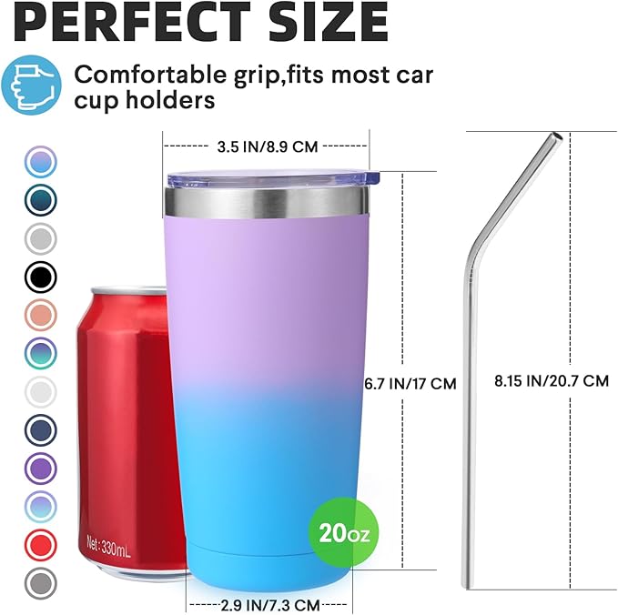 Volhoply 20oz Stainless Steel Tumbler with Lid and Straw,Double Wall Insulated Travel Iced Coffee Mug Fits Cup Holder,Powder Coated Cups for Hot and Cold Drinks,Gifts for Women Men（lavender,1 Set）