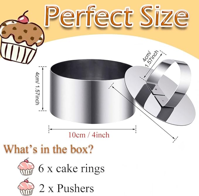 DATANYA Cake Ring Molds 4 Inch Stainless Steel Round Food Ring Dessert Mousse Molds Cooking Rings with Pushers for Pastry Baking (6 Rings and 2 Pushers)