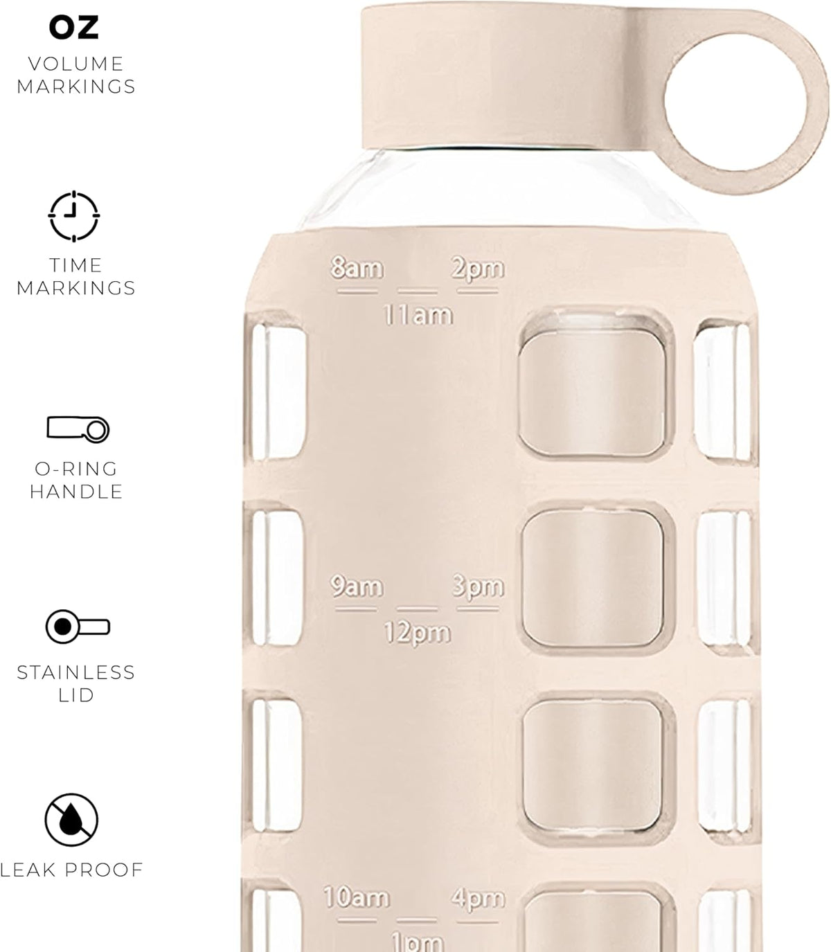 purifyou 40oz / 32oz / 22oz / 12oz Borosilicate Glass Water Bottle with Time & Volume Markers, Silicone Sleeve, Stainless Steel Lid – Reusable Glass Bottle for Water & Juice (22oz Pearled Ivory)