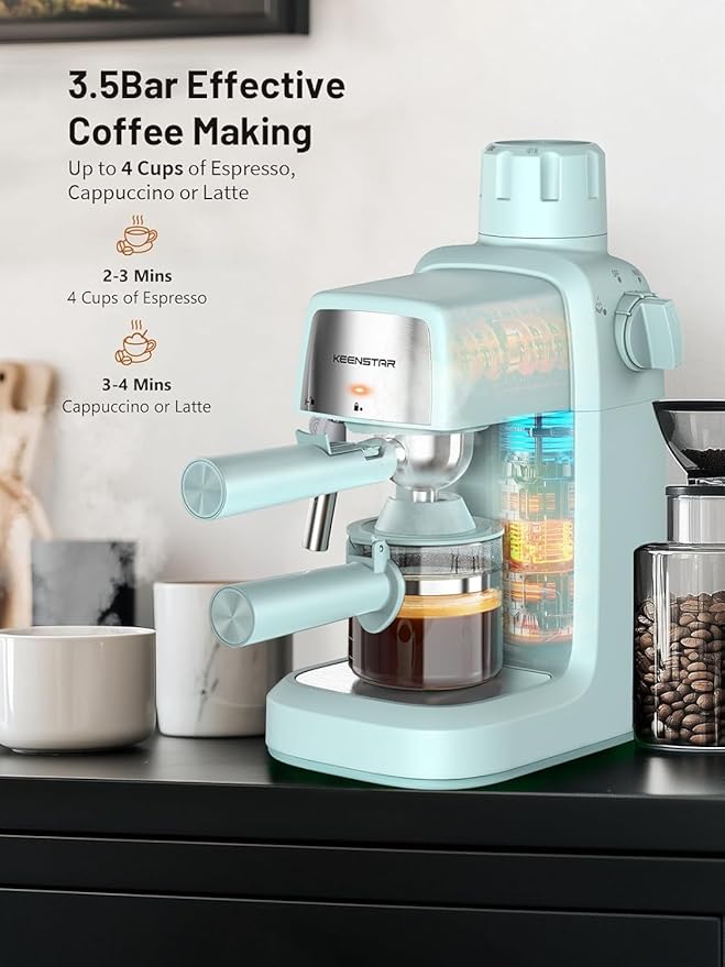 KEENSTAR 3.5Bar Espresso Machine with Milk Frother, 800W Compact Espresso and Cappuccino Machine with Preheating Function, 4 Cup Espresso Maker for Cappuccino or Latte, Gift for Coffee Lover
