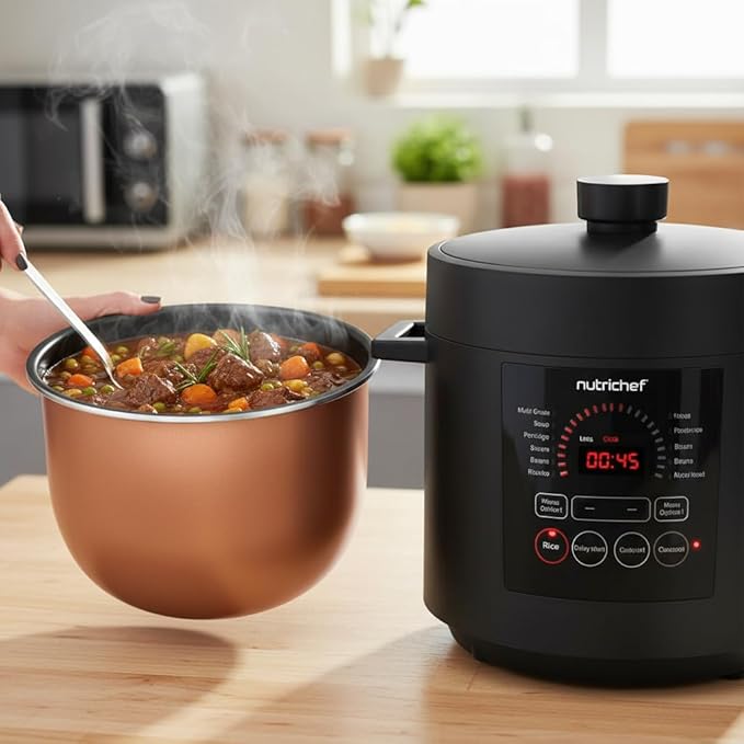 NutriChef Electric Pressure Cooker 6 Quart Capacity | 9 Function Digital Countertop Pressure Cooker | Adjustable Time & Temperature | Cook, Bake, Steam, Broil, & Braise | 13.1 x 11.4 IN | Black
