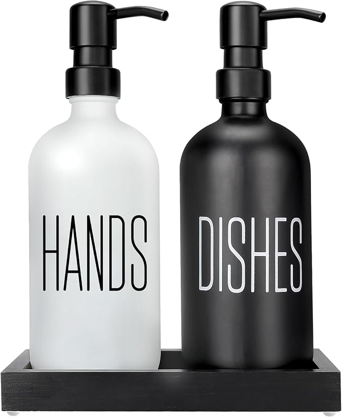 Kitchen Soap Dispenser Set with Silicone Tray, Premium Glass Hand and Dish Soap Dispenser Set for Kitchen Sink, Rustproof Stainless Steel Pump, Modern Kitchen Décor & Versatile Gift for Any Occasion