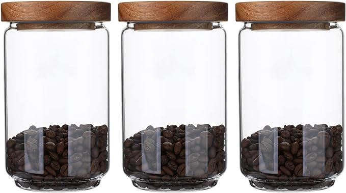 Glass Storage Jars Set of 3, 25 OZ HIgh Borosilicate Glass Containers Kitchen Food Canisters with Acacia Wood Lids for Coffee Beans/Sugar/Tea/Nuts