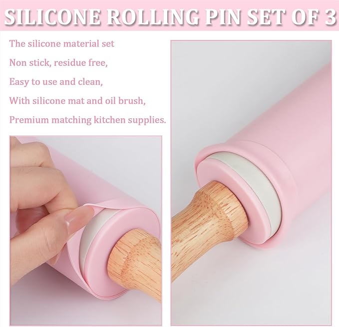 3Pcs Silicone Rolling Pin for Baking Sets,15Inch Pastry Dough Roller with Wooden Handle Silicone Mat and Brush, Non Stick Surface Rolling Pins for Dough Cookie Baking Supplies Kitchen Accessories