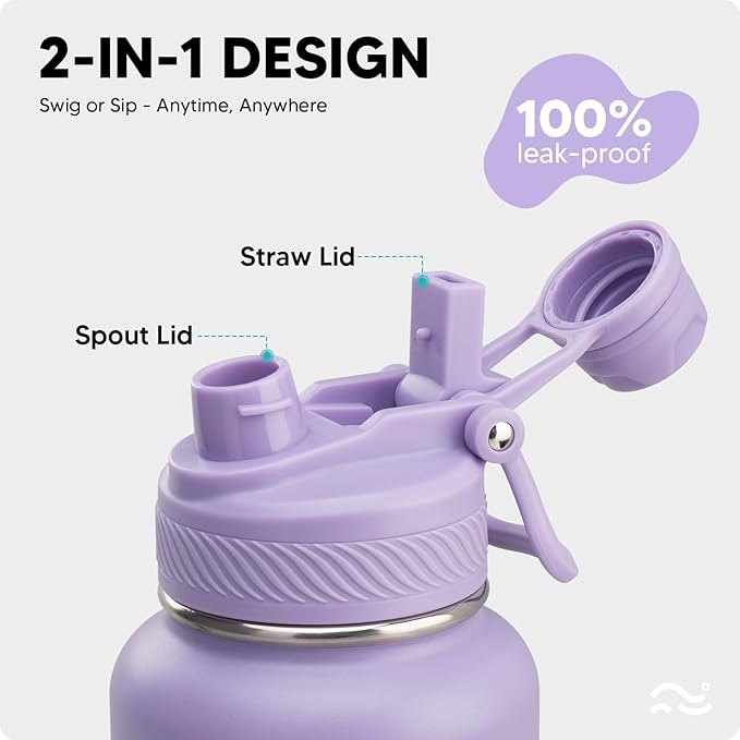 Swigina [2-IN-1 LID] Insulated Water Bottle with Silicone Boot (36hrs Cold/18hrs Hot) - DIY Stickers, Leakproof, BPA Free, 32 oz