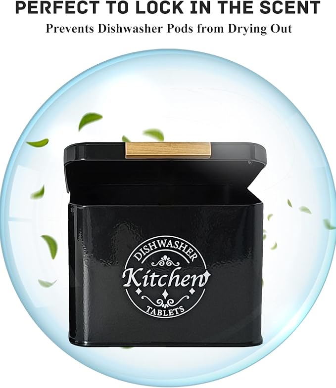 Dishwasher Pod Container with Hinged Lid. Farmhouse Metal Dishwaser Pods Holder for Kitchen Cabinet Organizer. Modern Kitchen Decor and Accessories. Dishwasher Detergent Tablet Storage (Black)