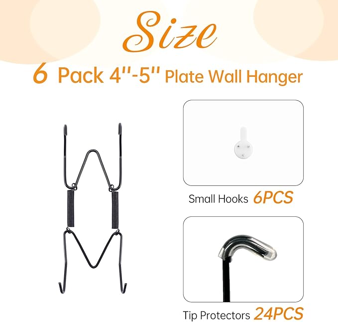 Bilillo 6 Pack Plate Hangers for the Wall, Suitable for 4-5 Inch Decorative Plate, Invisible Heavy Duty Wire Plate Holder with Wall Hooks, Plate Hangers for Displaying Plates, Platter, Dish (Black)