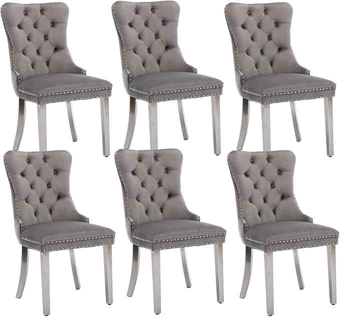 Velvet Dining Chairs Set of 6, Upholstered Dining Room Chairs with Back Ring Pull Trim and Sliver Stainless Steel Legs,Modern Kitchen Chairs Perfect for Dining Room,Kitchen(Grey)