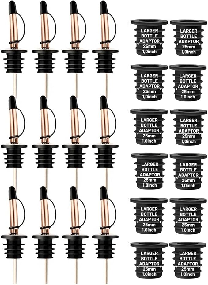 12-Pack Liquor Bottle Pourers with Adapters, Liquor Pour Spout Adapters set for for Large Oil Olive Bottles and Liquor Bottles - Up to 1 Inch/25mm Neck Converts Spout into a Large Pour Spout,Rose Gold