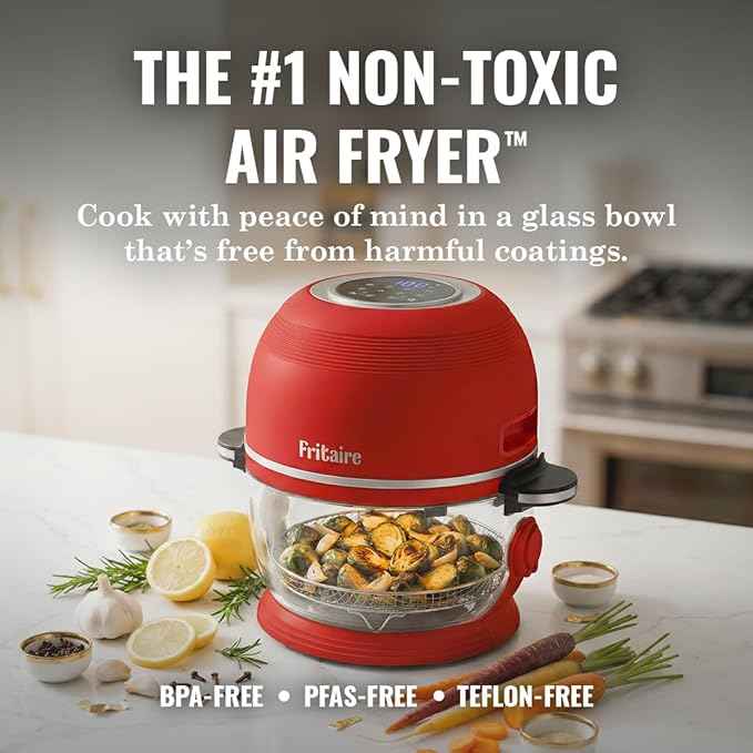 Non Toxic Air Fryer™ Pro | 9-in-1 Glass Air Fryer | Self-Cleaning | 5 Quart | Rotisserie and Tumbler | 400F Vortex For Even Cooking, BPA-Free Teflon Free, Recrisp, Roast, Bake, Cherry