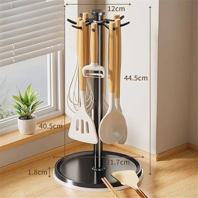 Rotatable Hanging Organizer with 8 Hooks for Kitchen Utensils, 360 Degree Swivel Countertop Holder for Cooking Tool Storage (Grey)
