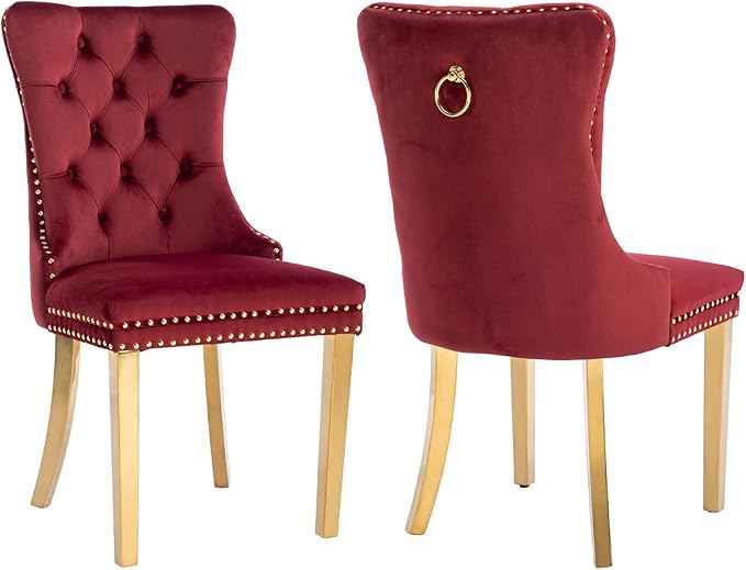 Velvet Dining Chairs Set of 2, Kitchen Chairs Set of 2, Tufted Upholstered Dining Room Chair, Back Ring Pull Trim, Golden Stainless Steel Legs, Wine Red