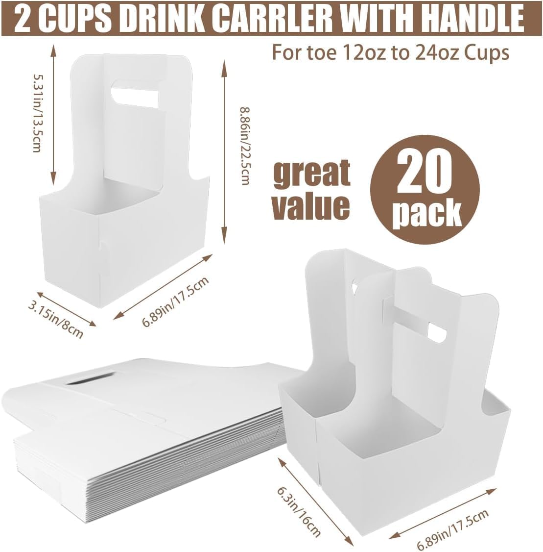 Cunguv Drink Carrier with Handle for 2-Cup Kraft Paperboard Handled Coffee Cup Holder Take Out Cup Cup Carriers 20 Count White