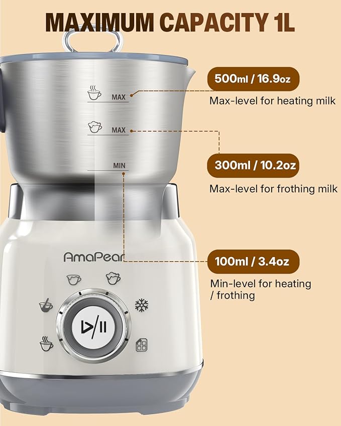 Milk Frother and Steamer, 6 in 1 Electric Foam Maker for Coffee, 16.9oz/500ml Milk Warmer for Latte, Macchiato, Cappuccino, Hot Chocolate Maker, Dishwasher Safe (White)