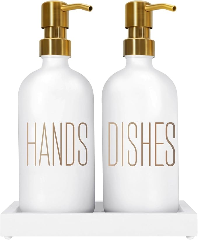 Soap Dispenser Set, Contains Hand Soap Dispenser and Dish Soap Dispenser for Kitchen， Glass Soap Dispenser with Stainless Steel Pump，for Luxury Gold Kitchen Counter Decor，（White）