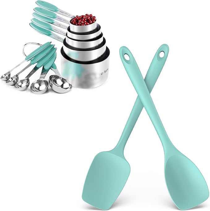 U-Taste 18/8 Stainless Steel Measuring Cups and Spoons Set of 10 and 600ºF Heat Resistat Silicone Flexible Baking Spoon Spatula & Cooking Scoop Spoonula (Aqua Sky)