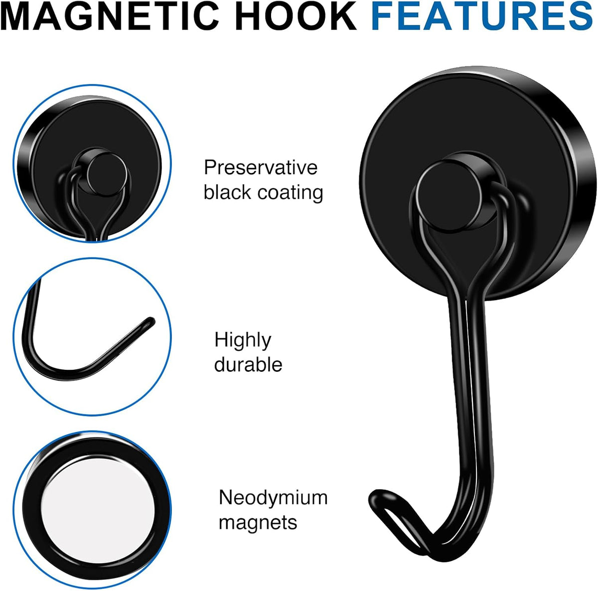 LOVIMAG Hooks, 80lbs+ Magnetic Magnet Hook 2025 Cruise Cabin Ship Essentials Heavy Duty Strong Refrigerator Fridge Hanging for Classroom Beach Vacation Kitchen Grills Home Mug Hanger (6 Pack), Black