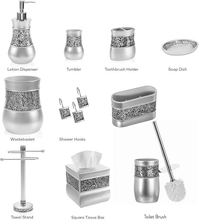 Creative Scents Crackled Glass Silver Bathroom Accessory Set – 4-Piece Vanity Set Includes: Lotion Soap Dispenser, Toothbrush Holder, Tumbler, and Soap Dish