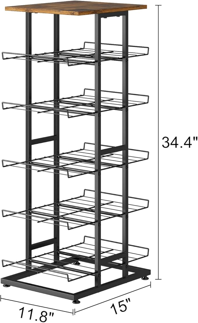 GILLAS 6 Tier with Wooden Top Water Bottle Storage with Wooden Tabletop,Metal Beverage Can Rack,Large Capacity Bottled Rack Water Bottle Holder Stand for Cabinet,Countertop Kitchen,Party,Black
