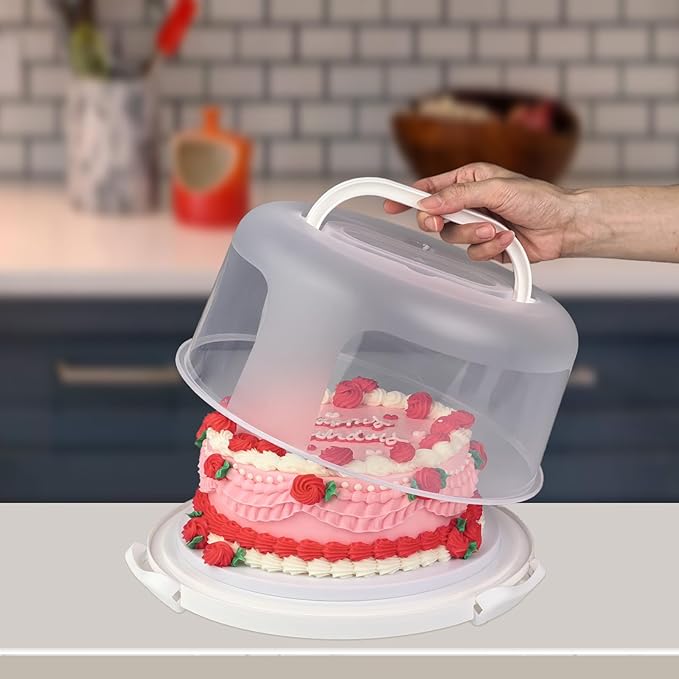 10 inch Round Cake Carrier Box with Lid and Handle, Transportation Insulated Bag for Cakes, Cupcakes and Pies, Triple Locking Design for Safe Transportation (Grey, 5.5 Inches High)