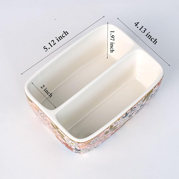 2 Compartments Ceramic Sponge Holder for Kitchen Sink, Cute Floral Pattern Countertop Dish Sponges Holder Soap Sink Organizer Caddy Farmhouse Home Kitchen Decor Vintage Pink Flowers