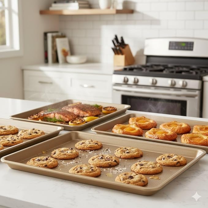 Baking Sheet Pan Set of 3 | Nonstick Cookie Sheets for Baking Supplies | No Rust & No Toxic Carbon Steel Half Sheet Pan+Jelly Roll Pan+Quarter Sheet Pan Set | Heavy Duty Baking Tray for Oven