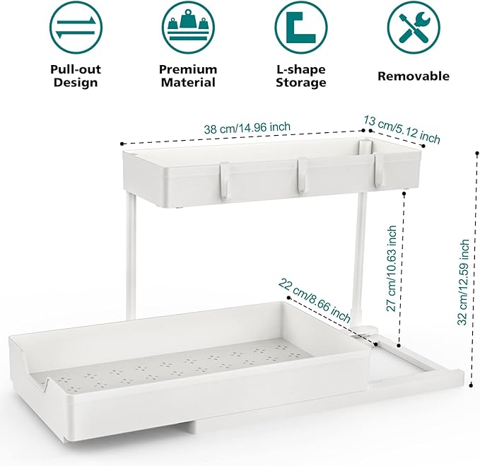 L shape Under Sink Organizers with 2 Pack of Black and 2 Pack of White，Sliding L-shape Cabinet Organizers Narrow Space Storage Multi-purpose Sink Organizer for Bathroom Kitchen Drawer