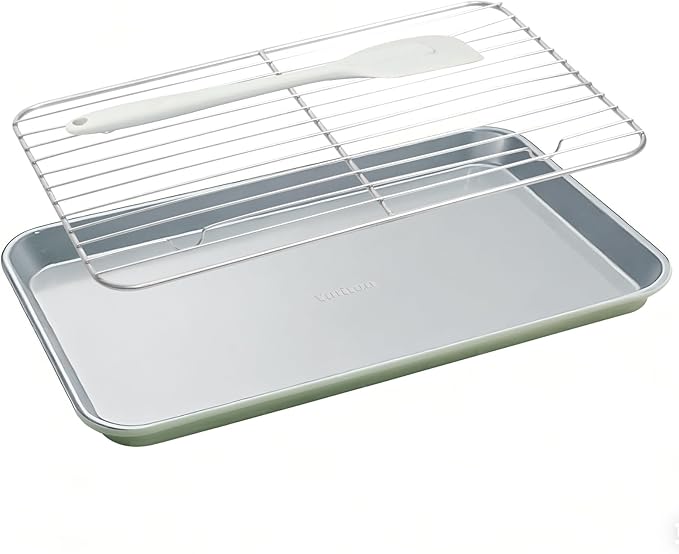 7PCS Ceramic-Coated Baking Sheet Set - 10x15in Jelly Roll Pan Non-Stick Cookie Sheet with Wire Rack, Silicone Spatula & 4 Cookie Cutters, PFAS Free, Oven Safe (550°F), Pistachio Green