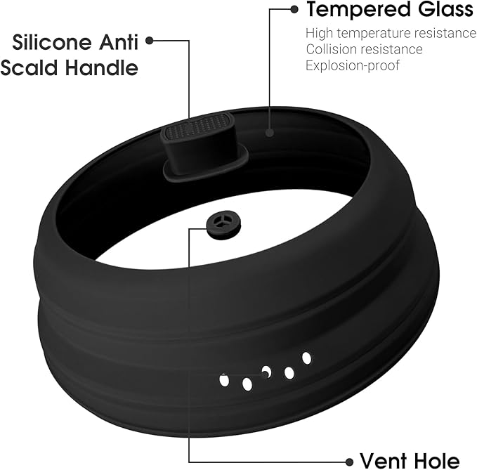 Microwave Splatter Cover Glass Microwave Cover for Food Collapsible Splatter Guard Lid with Silicone Handle for Pot Plate Bowl 11.8 Inch Black