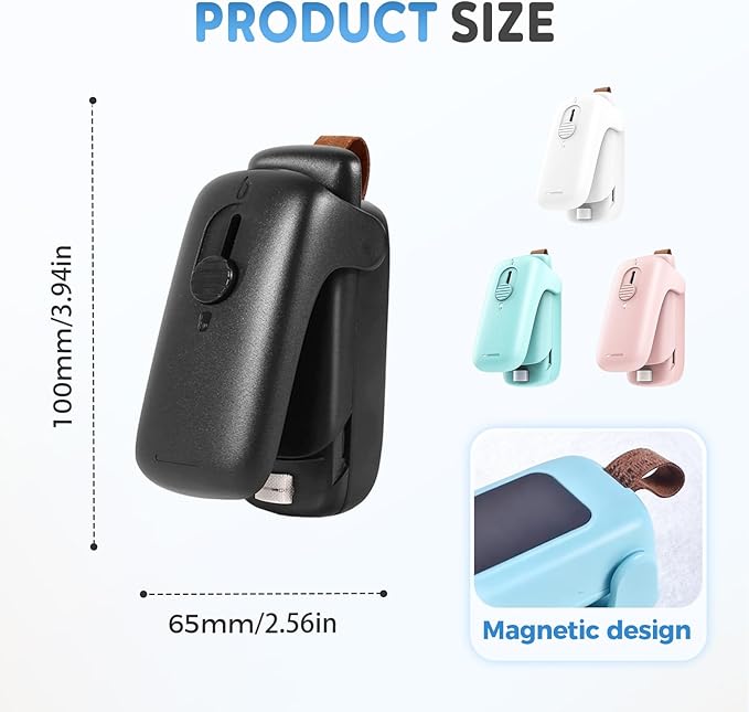 Mini Bag Sealer, Upgraded 2 in 1 Mini Bag Sealer with Cutter and Magnet, Magnetic Portable Plastic Bag Sealer for Snacks, Chips, Food Freshness Storage (2, White+Black)
