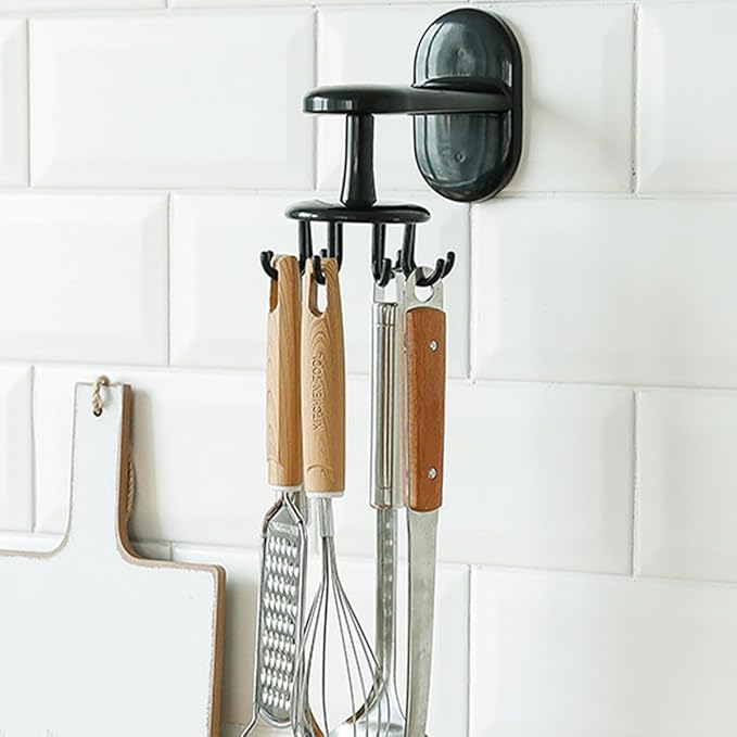 OUNONA Rotatable 8-Claw Adhesive Wall-Mounted Utensil Hook Black, Non-Punch Kitchen and Bathroom Hanging Organizer for Cooking Tools and Storage